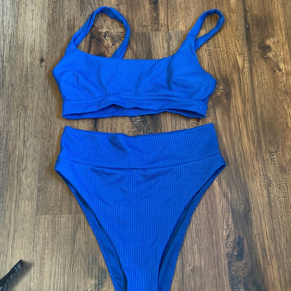 Aerie high waist and scoop too bikini set blue